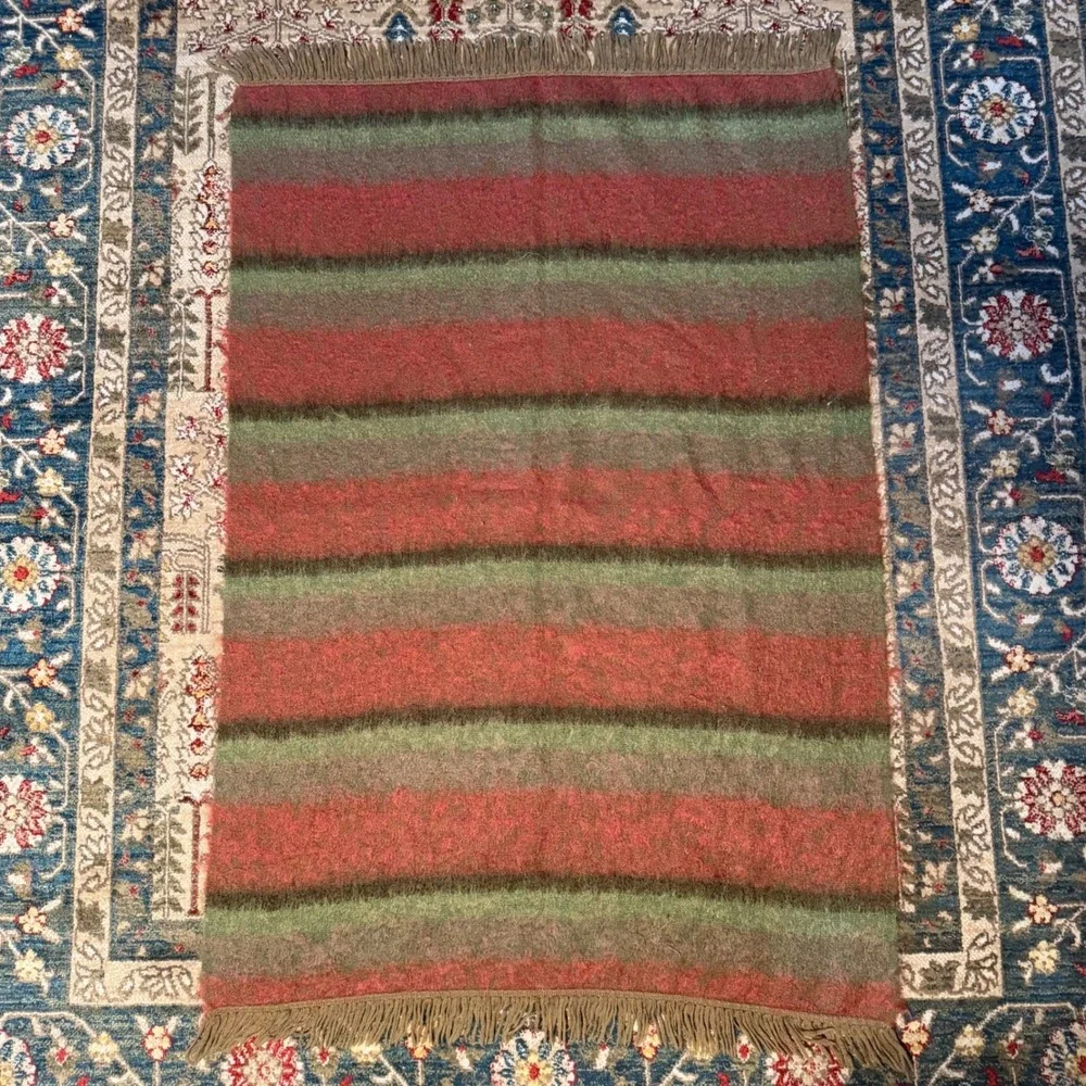 Vintage 60s Andrew Stewart Woven Scotland Mohair Wool Blanket Scarf Striped Shag